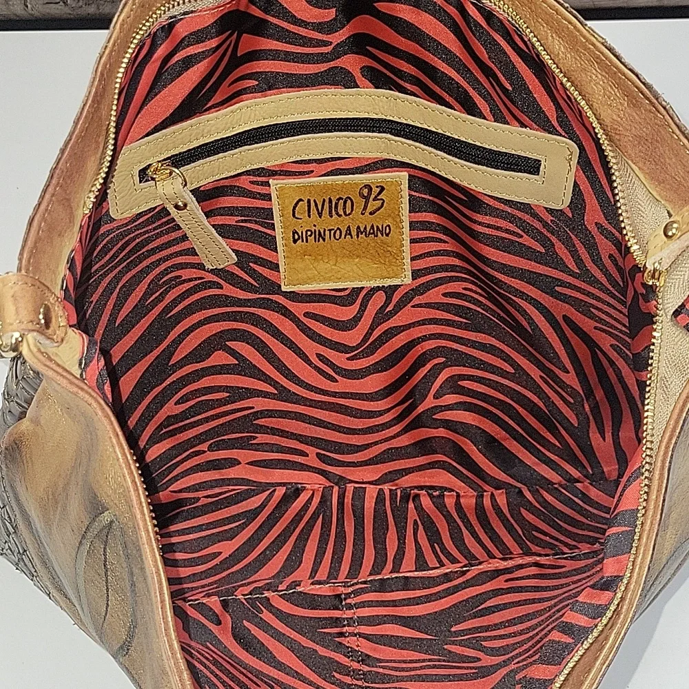 Large Civico 93 Floral Hand Painted Italian Leather Tote Bag - Gold and Brown